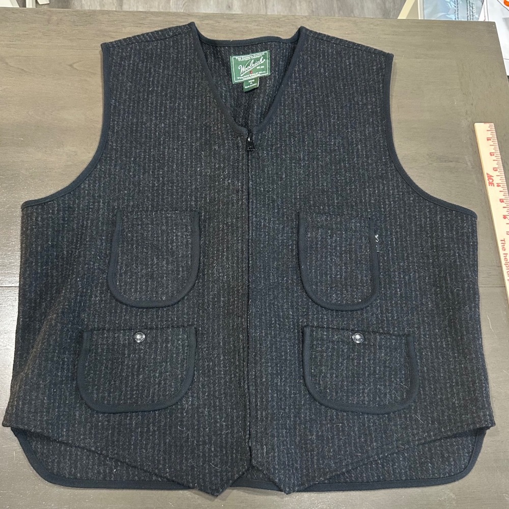 Woolrich XL Wool Blend Striped Full Zip Utility Vest Charcoal Gray Cinch‎ Back